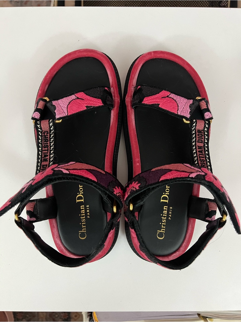 Christian Dior D-Wave sandals featuring pink "Jardin Indien"